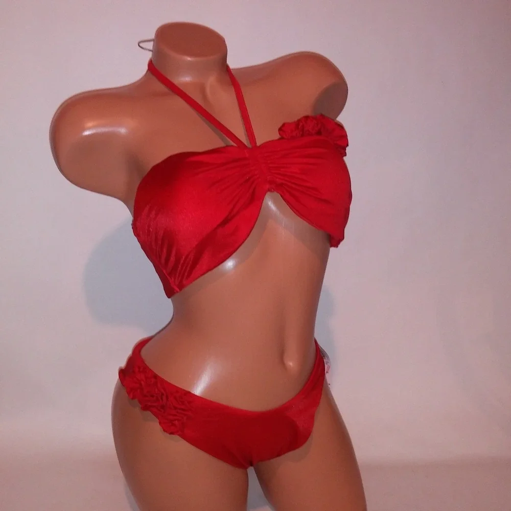 Victoria Secret Swim Bikini Large Top Medium Bottom Solid Red Floral Shimmer New